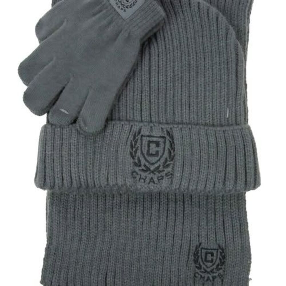 Chaps Boys Crest Hat, Gloves & Scarf, 3 Piece Giftable Set, One Size. GRAY